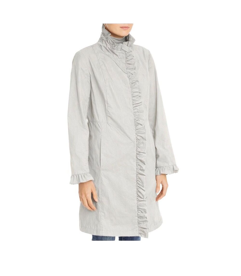 JANE POST $395 New York Ruffle Trim rain jacket Coat In Stone womens XL NWT